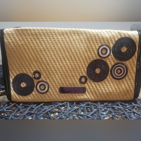 COLE HAAN Vintage Woven natural Pixie straw black patent leather trim Clutch - Picture 3 of 10